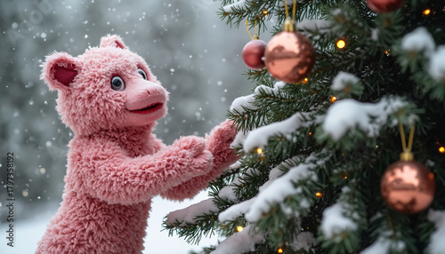 Pink Creature Decorating Snow-Covered Christmas Tree