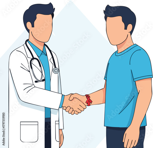 A doctor in a white coat shaking hands with a patient wearing a blue shirt, conveying trust and support with a simple, flat illustration style on a clean background, related to aids and