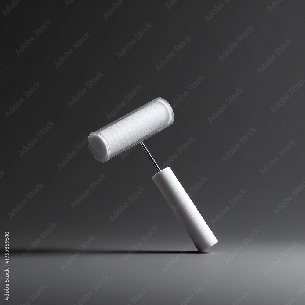Fototapeta premium Minimalist studio shot of a white paint roller. Clean design, suitable for construction, renovation, DIY, or home improvement concepts. Modern simple design.