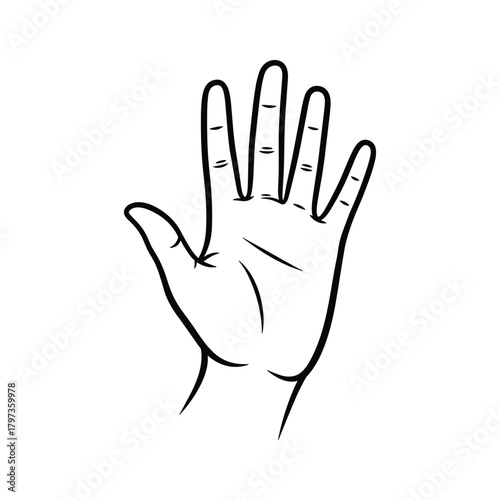 Black outline drawing of an open hand with fingers spread wide five fingers palm