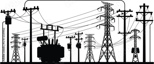 Silhouette vector illustration of electrical transformer station, utility poles, and transmission towers—energy grid infrastructure layout for power distribution and engineering reference