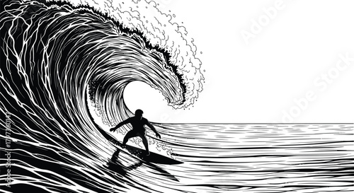 Black and white surfing art print wave rider ocean drawing illustration eps silhouette