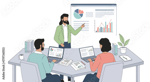 Illustration of business meeting with a presenter explaining charts and graphs on a screen to a small team