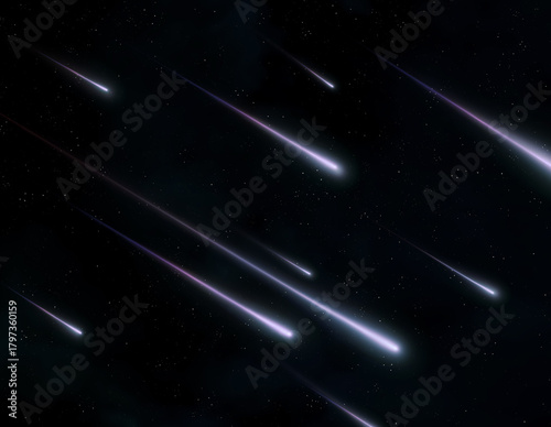 Shooting stars illuminated the sky. A meteor storm flared up in the night. A stream of meteorites on a black background.