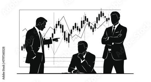 Illustration of three businessmen in silhouette discussing a stock market graph on a