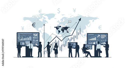 Illustration of business people analyzing global financial markets with charts and currency symbols on a world map background
