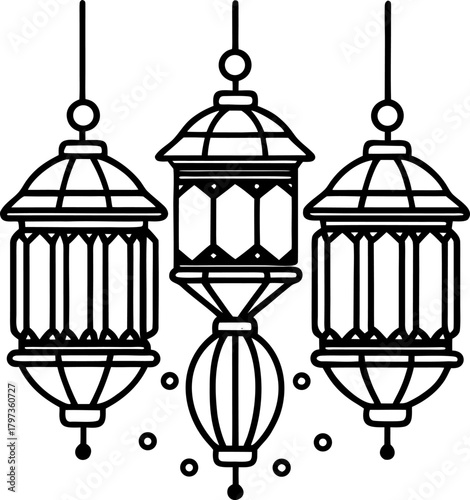  Hanging lanterns, holiday icon, black and white ,coloring book vector, line art vector line art , black and white