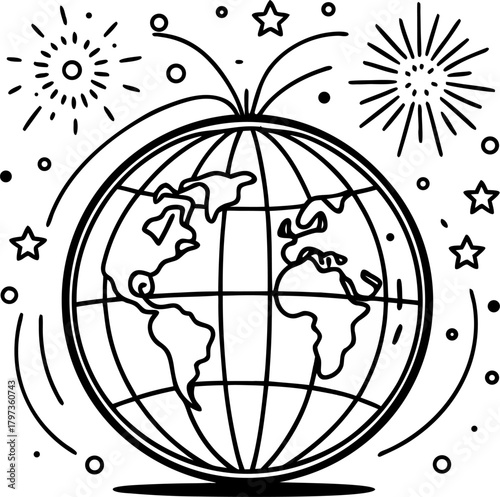  Globe with fireworks, New Year worldwide theme ,coloring book vector, line art vector line art , black and white