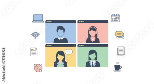 Illustration of video conference call with four participants in a grid layout