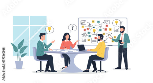 Illustration of business team collaborating around a table, discussing ideas and strategy on a whiteboard with charts and diagrams