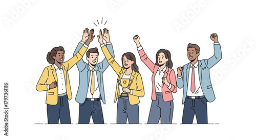 Illustration of a diverse group of five business professionals celebrating a victory, highfiving and holding a trophy