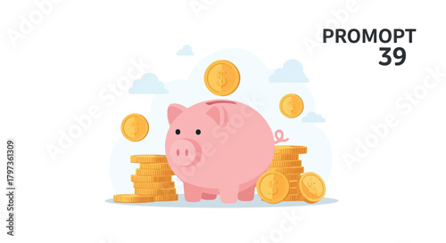 Illustration of cute pink piggy bank with stacks of gold coins and falling coins, symbolizing savings and financial growth