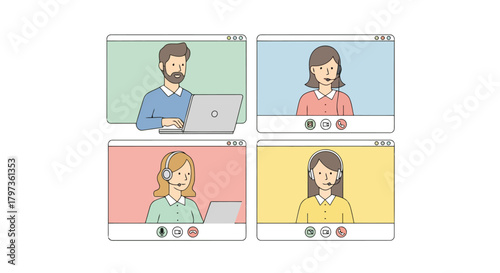 Illustration of four people in a video conference call, each in their own window, communicating online