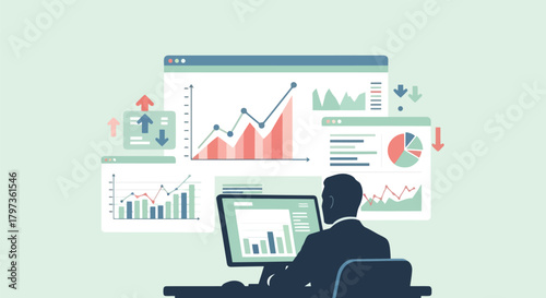 Illustration of business person analyzing financial data and charts on a computer screen with various graphs and statistics displayed on monitors