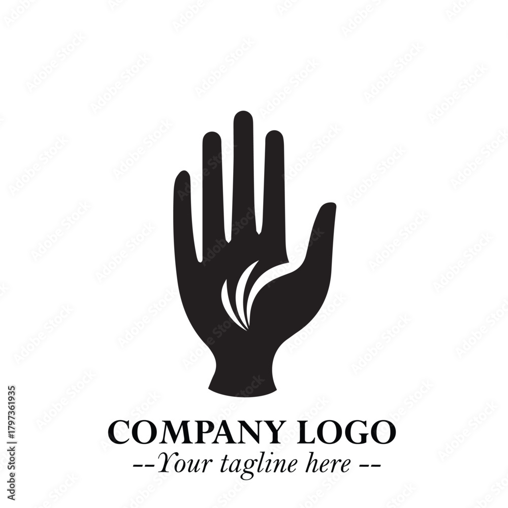 Obraz premium Minimalist Black Hand Logo Symbol on White Background in Clean Modern Silhouette Style