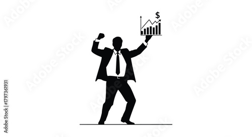 Illustration of silhouette of a businessman in a suit holding a financial chart with an upward trend and a dollar sign, celebrating success