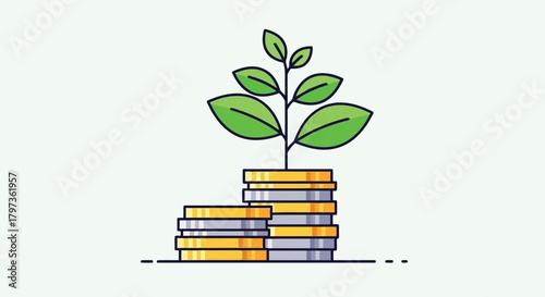 Illustration of a small green plant growing from a stack of coins, symbolizing financial growth and investment