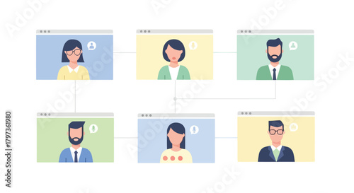 Illustration of diverse group of people in a video conference call, communicating online for remote work or virtual meetings