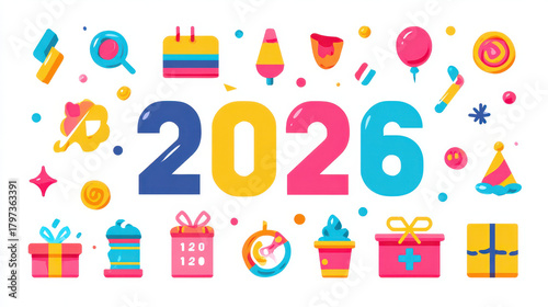 New year celebration 2026 festive elements colorful flat icons white background cheerful design