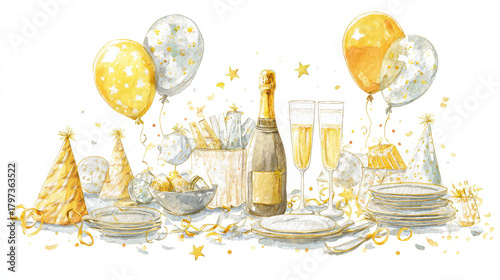 Festive new year celebration clipart watercolor scene party atmosphere cheerful environment joyful viewpoint