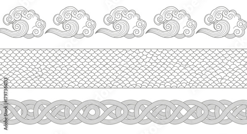 Elegant Vector Border Set Featuring Clouds, Mesh, and Celtic Knot Patterns