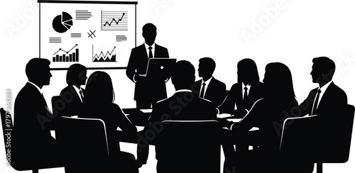 Corporate meeting silhouette with presenter and team, business strategy, data analysis, teamwork, leadership, black vector illustration for office concept.