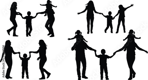 Happy family silhouettes showing parents and children bonding, playing, walking, celebrating, and enjoying quality time together in various poses.