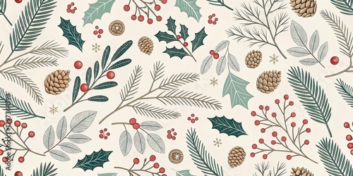 Festive Winter Forest Elements with Pinecones and Berries Seamless Pattern Background. 
