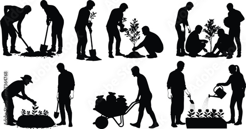 Silhouette gardening teamwork with adults and children planting, watering, digging, nurturing plants, environmental care, outdoor activity, and nature conservation vector illustration.