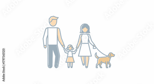 A happy family of three with their dog enjoying a walk together.