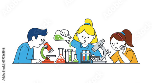 Children engaged in a science experiment with microscopes and beakers.