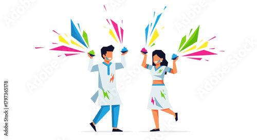 Holi Festival Celebration: Two People Throwing Colorful Powder Celebrating Together.