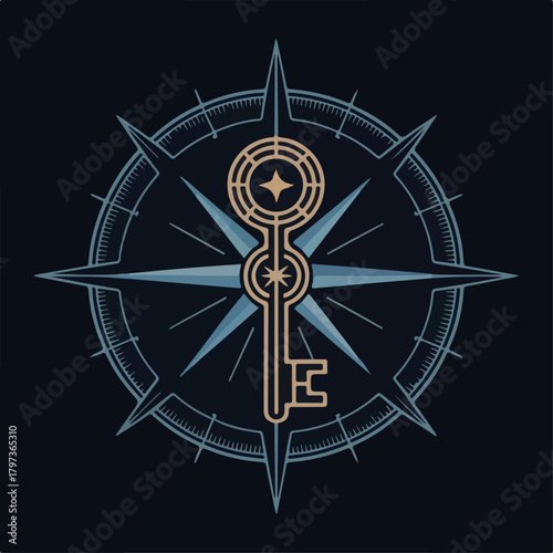 Compass rose and vintage key on dark navy, detailed star points and circular lines; nautical navigation emblem symbolizing exploration, direction, and guidance