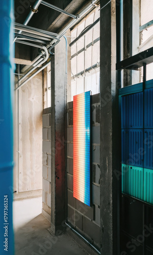 Colorful LED panel mounted on concrete wall in industrial space with exposed pipes and natural light
