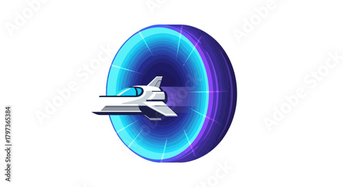 Futuristic Spaceship Entering a Glowing Blue Portal.