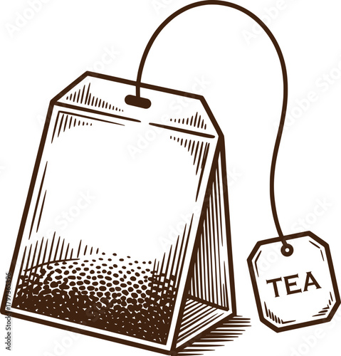 Tea Bag Sketch Vintage Line Art Illustration.