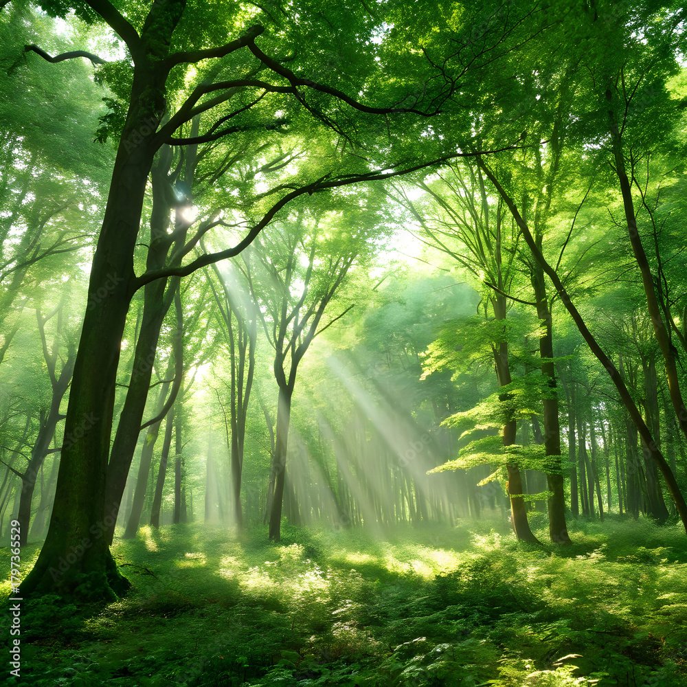 Obraz premium A lush green forest with sunlight piercing through tall trees, creating a serene.