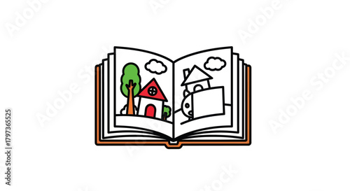 Open Illustrated Book with Colorful House and Tree Drawings.