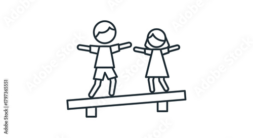 Two stick figure children balancing on a wooden beam.