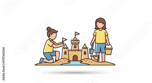 Two children building a sandcastle on the beach a cute line art illustration of summer fun.