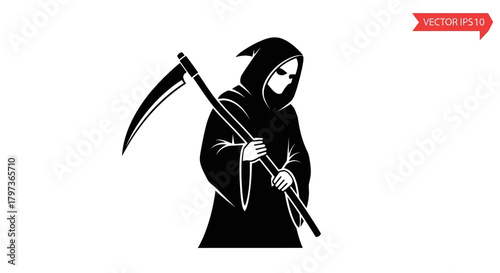 Grim Reaper Silhouette with Scythe Black and White Vector Illustration.