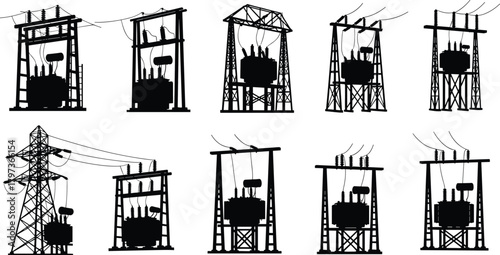 Silhouette vector illustration of electrical substations and transmission towers—power grid infrastructure, voltage system, energy distribution layout for engineering and planning reference