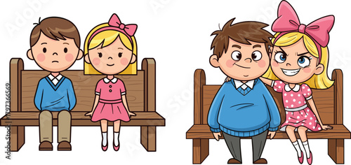Cute cartoon children sitting on wooden benches showing contrasting emotions, playful expressions, colorful outfits, adorable characters, and charming illustration style perfect for stock use