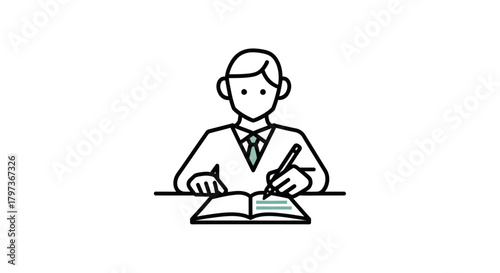 Simple line art icon of a man in a shirt and tie writing notes in an open book.