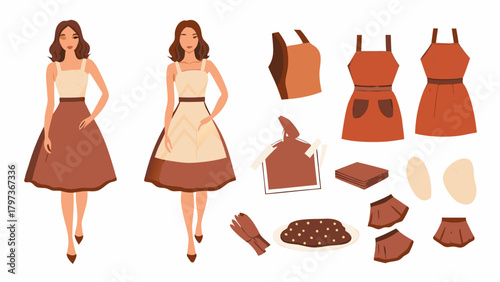 Illustration showing woman with dress and apron, along with apron variations and baking accessories laid out