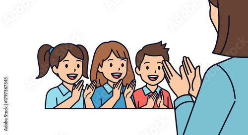 Happy children and teacher clapping hands showing appreciation and support.