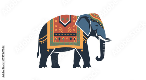 A beautifully decorated Indian elephant illustration with a colorful ornate ceremonial blanket and headdress.
