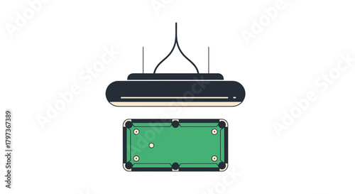 Modern Billiards Pool Table with Overhead Lighting Fixture.