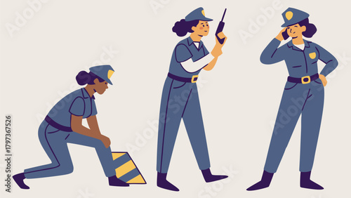 Illustration of three female police officers in different poses wearing blue uniforms and police hats