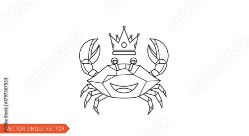 Cartoon Crab Wearing a Crown Line Art Illustration.